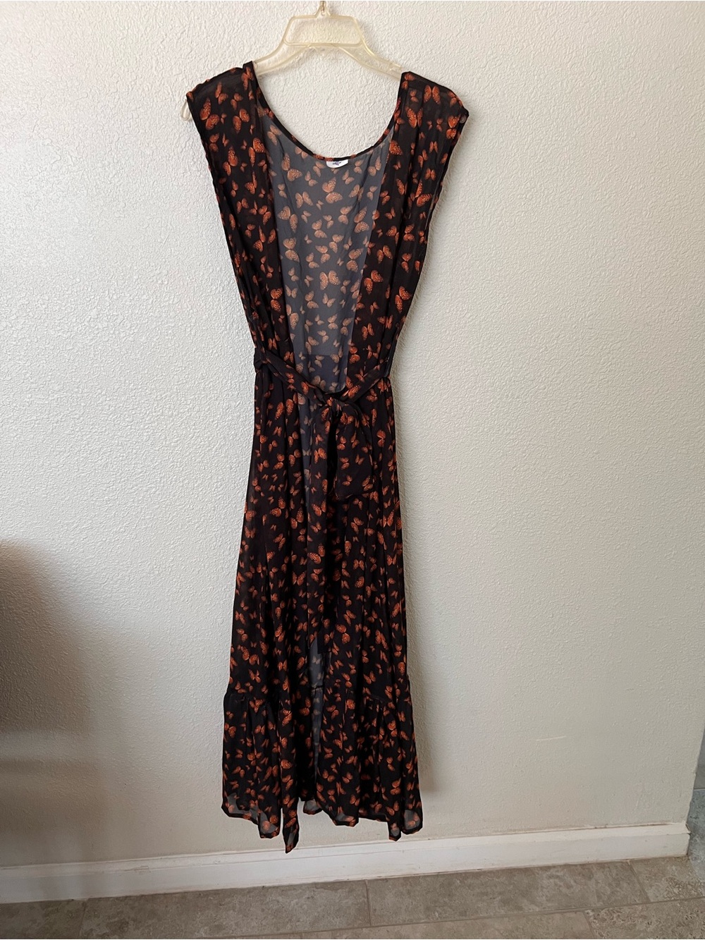 Black Maxi kimono Dress with Orange butterfly Print and Waist Tie-free size